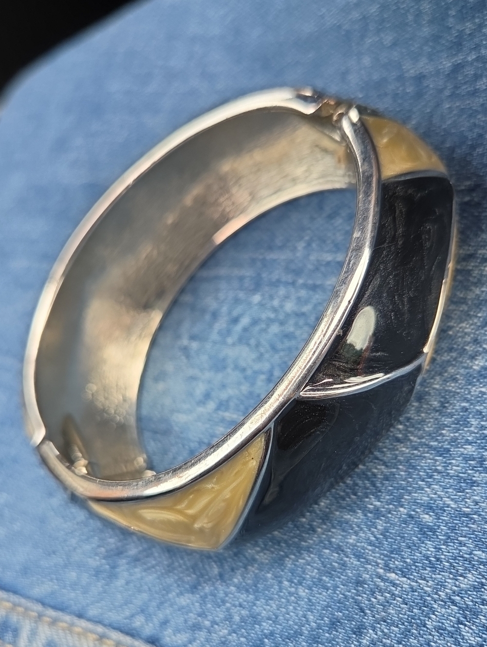 Art Deco Revival Style Enamel Filled Hinged Clamper Bracelet.